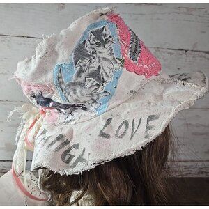 OOAK Upcycled Indie Boho Top Hat Sassy Cherub Graffiti Flower Cat Adjusts L-S